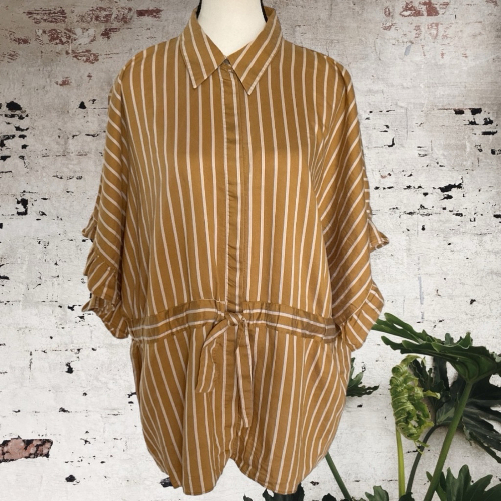 Zara Woman tie waist Blouse XL Mustard yellow & White Striped